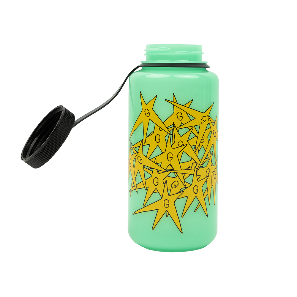 Glow Green Star Splatter Water Bottle open